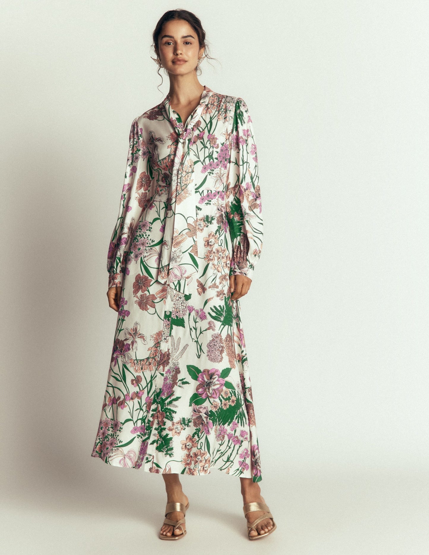 Bow Detail Shirt Dress-Ivory, Whimsical Flora