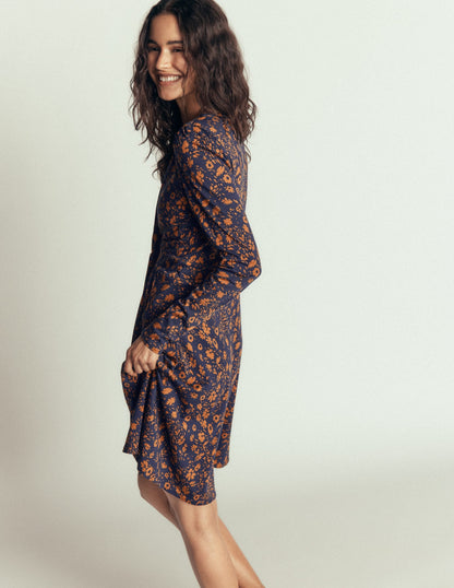 Briony Jersey Short Dress-French Navy, Scattered Flora