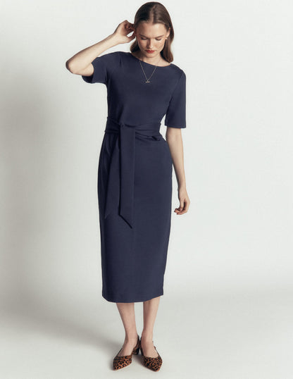 Belted Ponte Midi Dress-Navy