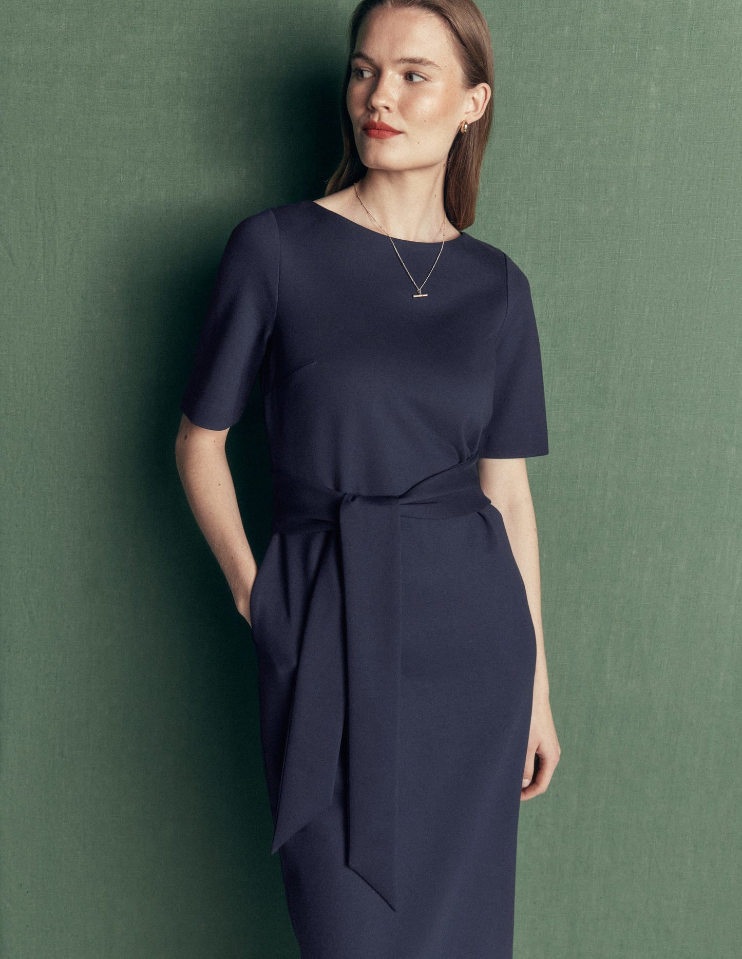 Belted Ponte Midi Dress-Navy