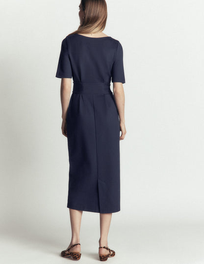 Belted Ponte Midi Dress-Navy
