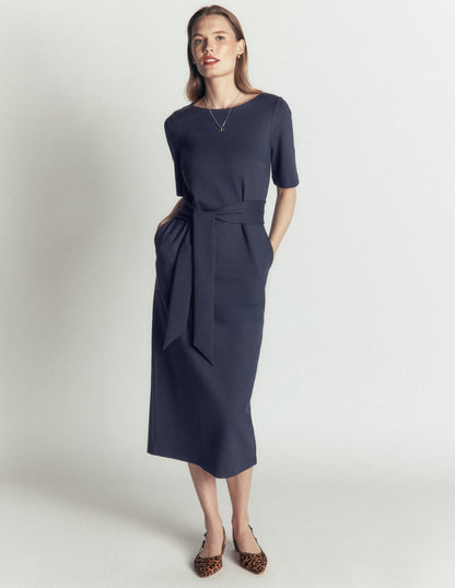 Belted Ponte Midi Dress-Navy