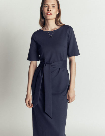 Belted Ponte Midi Dress-Navy
