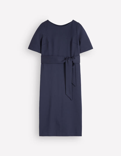 Belted Ponte Midi Dress-Navy