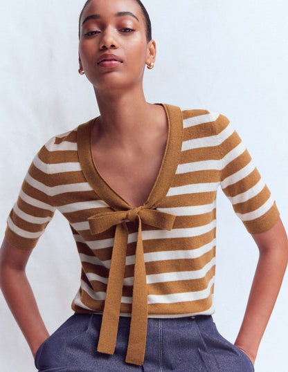 Bow Neck Knitted T-shirt-Gingerbread, Ivory Stripe