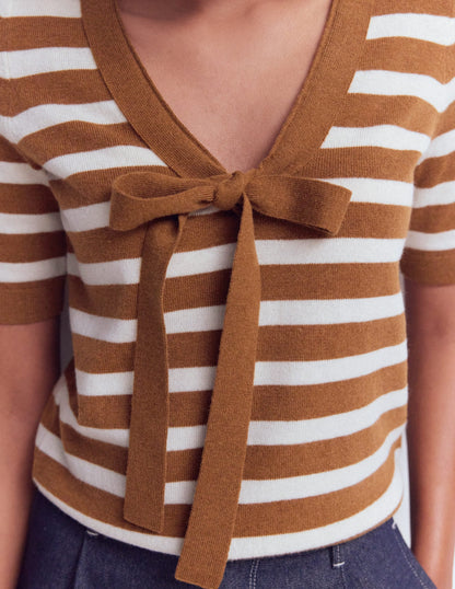 Bow Neck Knitted T-shirt-Gingerbread, Ivory Stripe