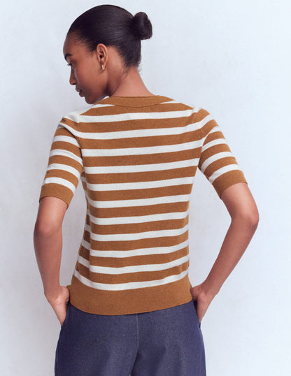 Bow Neck Knitted T-shirt-Gingerbread, Ivory Stripe