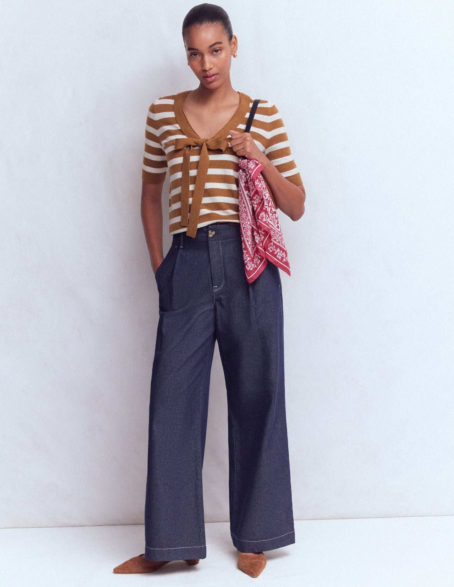 Bow Neck Knitted T-shirt-Gingerbread, Ivory Stripe