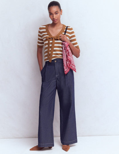 Bow Neck Knitted T-shirt-Gingerbread, Ivory Stripe