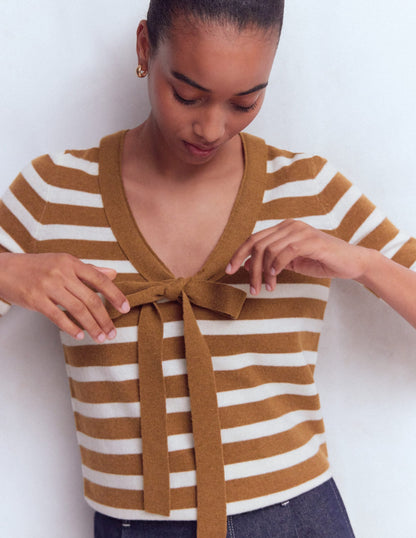 Bow Neck Knitted T-shirt-Gingerbread, Ivory Stripe