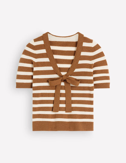 Bow Neck Knitted T-shirt-Gingerbread, Ivory Stripe