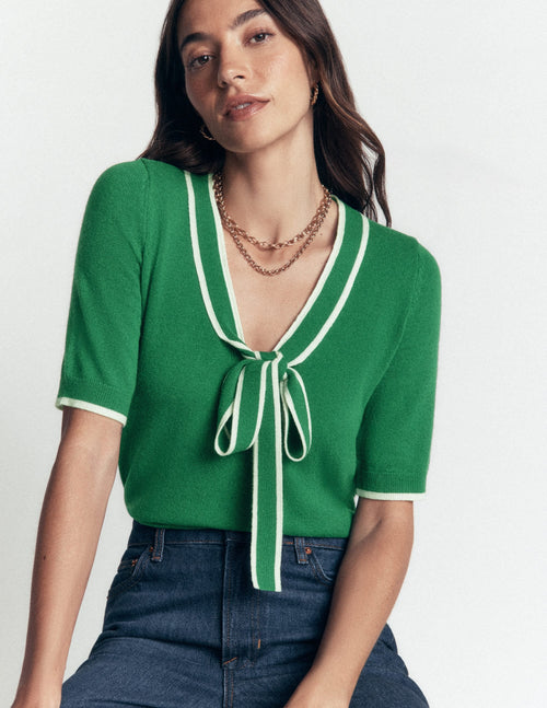 Bow Neck Knitted T-shirt-Fresh Green