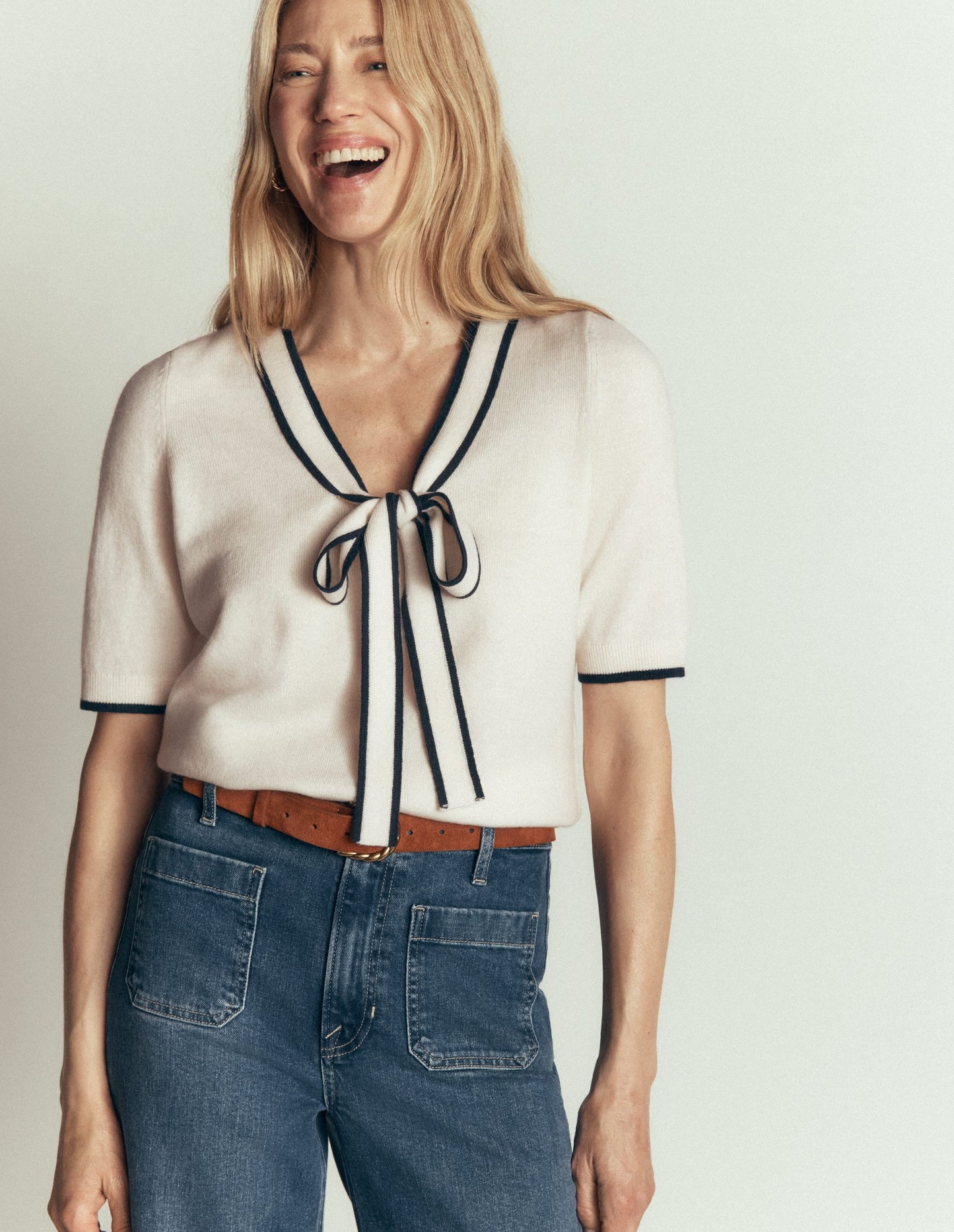 Bow Neck Knitted T-shirt-Ivory