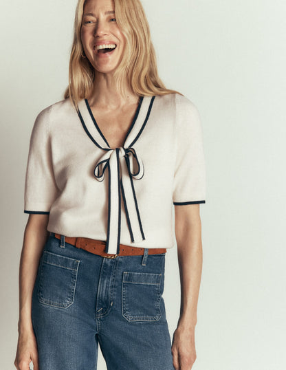 Bow Neck Knitted T-shirt-Ivory