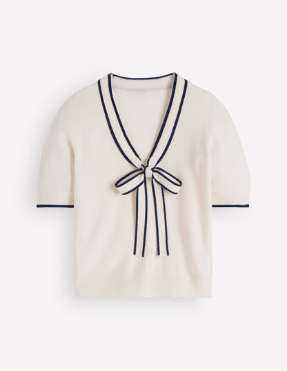 Bow Neck Knitted T-shirt-Ivory