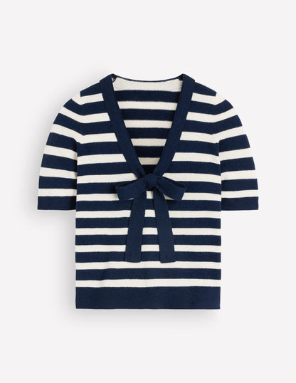 Bow Neck Knitted T-shirt-Navy, Ivory Stripe