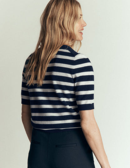 Bow Neck Knitted T-shirt-Navy, Ivory Stripe