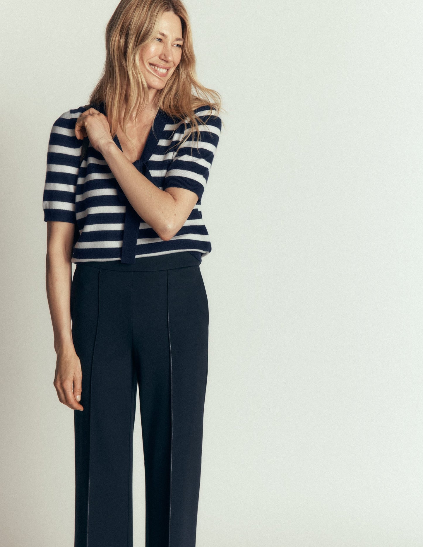 Bow Neck Knitted T-shirt-Navy, Ivory Stripe