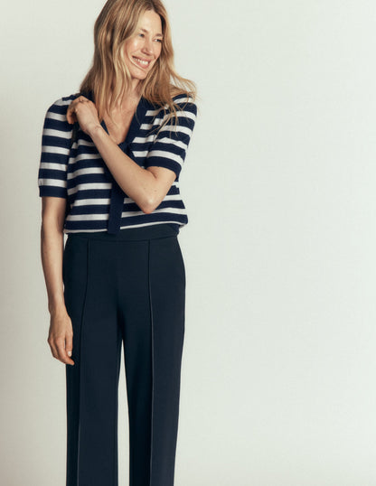 Bow Neck Knitted T-shirt-Navy, Ivory Stripe