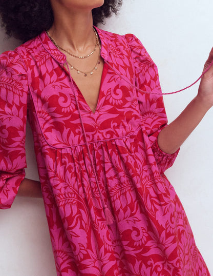 Boho Tie Neck Kaftan-Red Ornamental Foilage