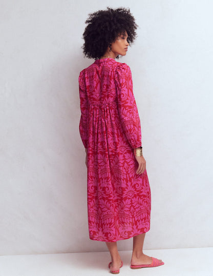Boho Tie Neck Kaftan-Red Ornamental Foilage