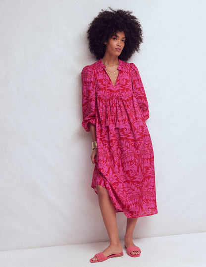 Boho Tie Neck Kaftan-Red Ornamental Foilage