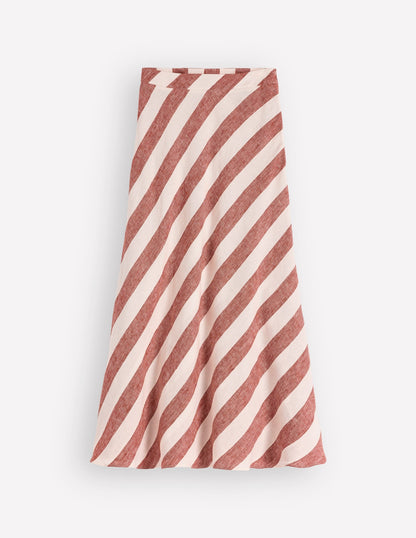 Bias Cut Linen Slip Skirt-Brown Diagonal Stripe