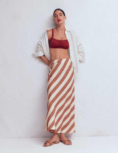 Bias Cut Linen Slip Skirt-Brown Diagonal Stripe