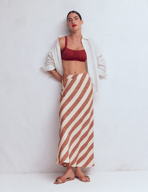 Bias Cut Linen Slip Skirt-Brown Diagonal Stripe
