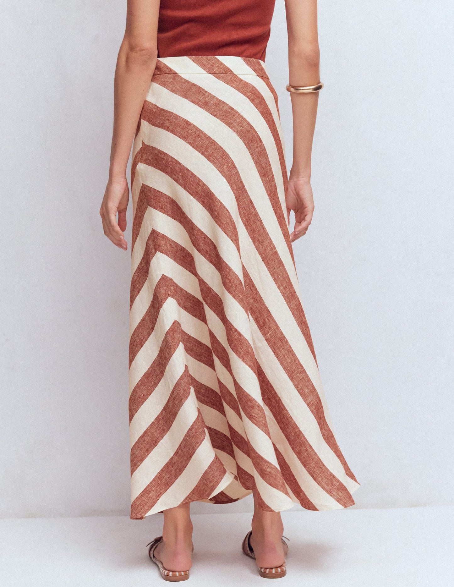 Bias Cut Linen Slip Skirt-Brown Diagonal Stripe