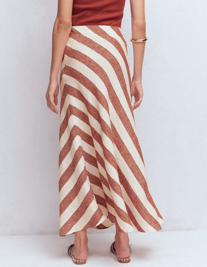 Bias Cut Linen Slip Skirt-Brown Diagonal Stripe