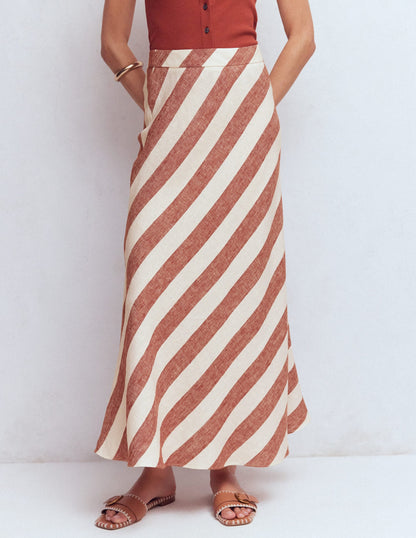 Bias Cut Linen Slip Skirt-Brown Diagonal Stripe