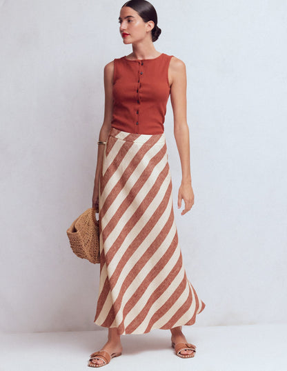 Bias Cut Linen Slip Skirt-Brown Diagonal Stripe