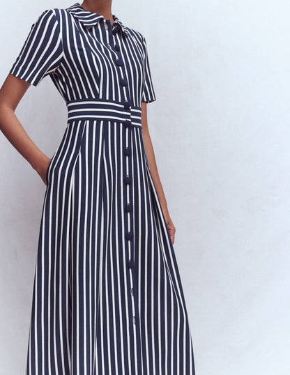 Bridget Ponte Shirt Dress-Navy and Ivory Stripe