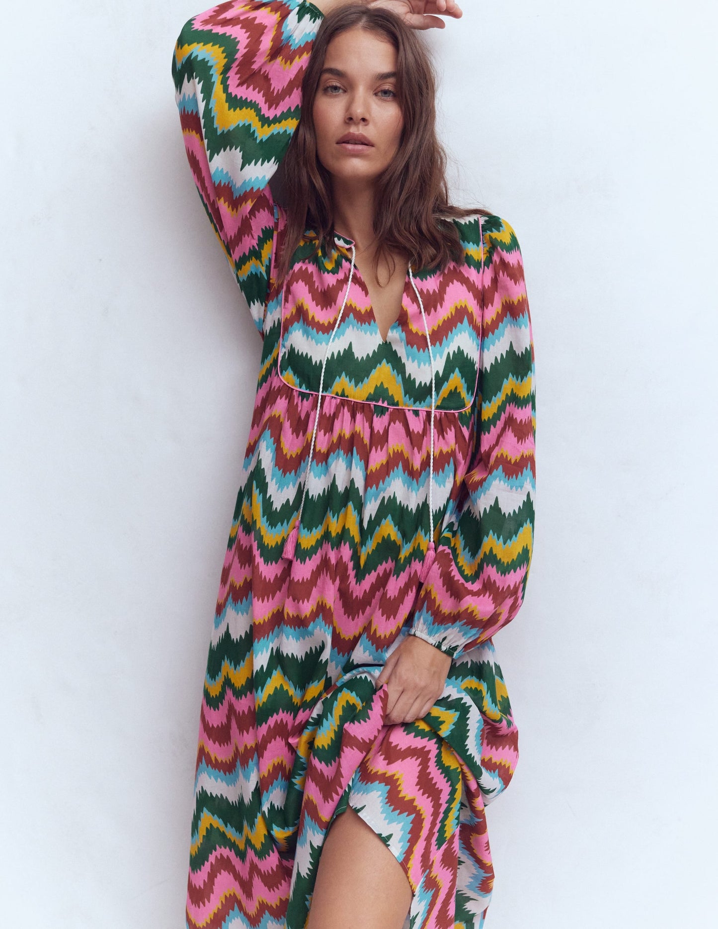 Boho Tie Neck Kaftan-Multi, Zig Zag Wave