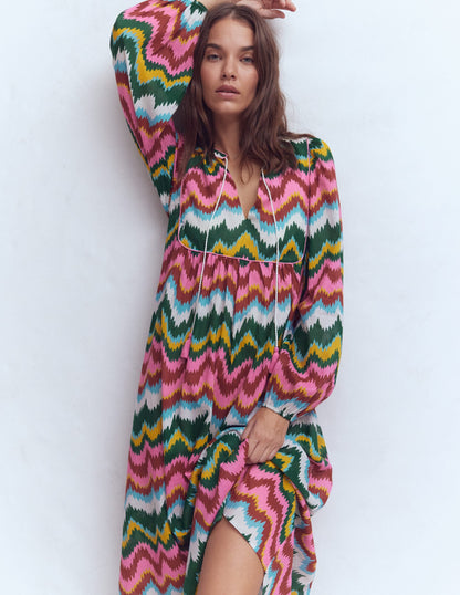 Boho Tie Neck Kaftan-Multi, Zig Zag Wave