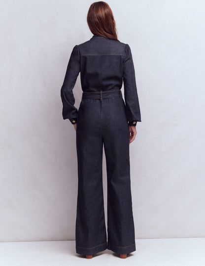 Bootcut Button Denim Jumpsuit-Indigo