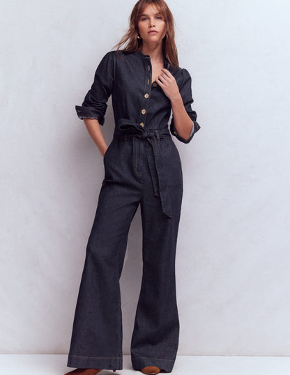 Bootcut Button Denim Jumpsuit-Indigo