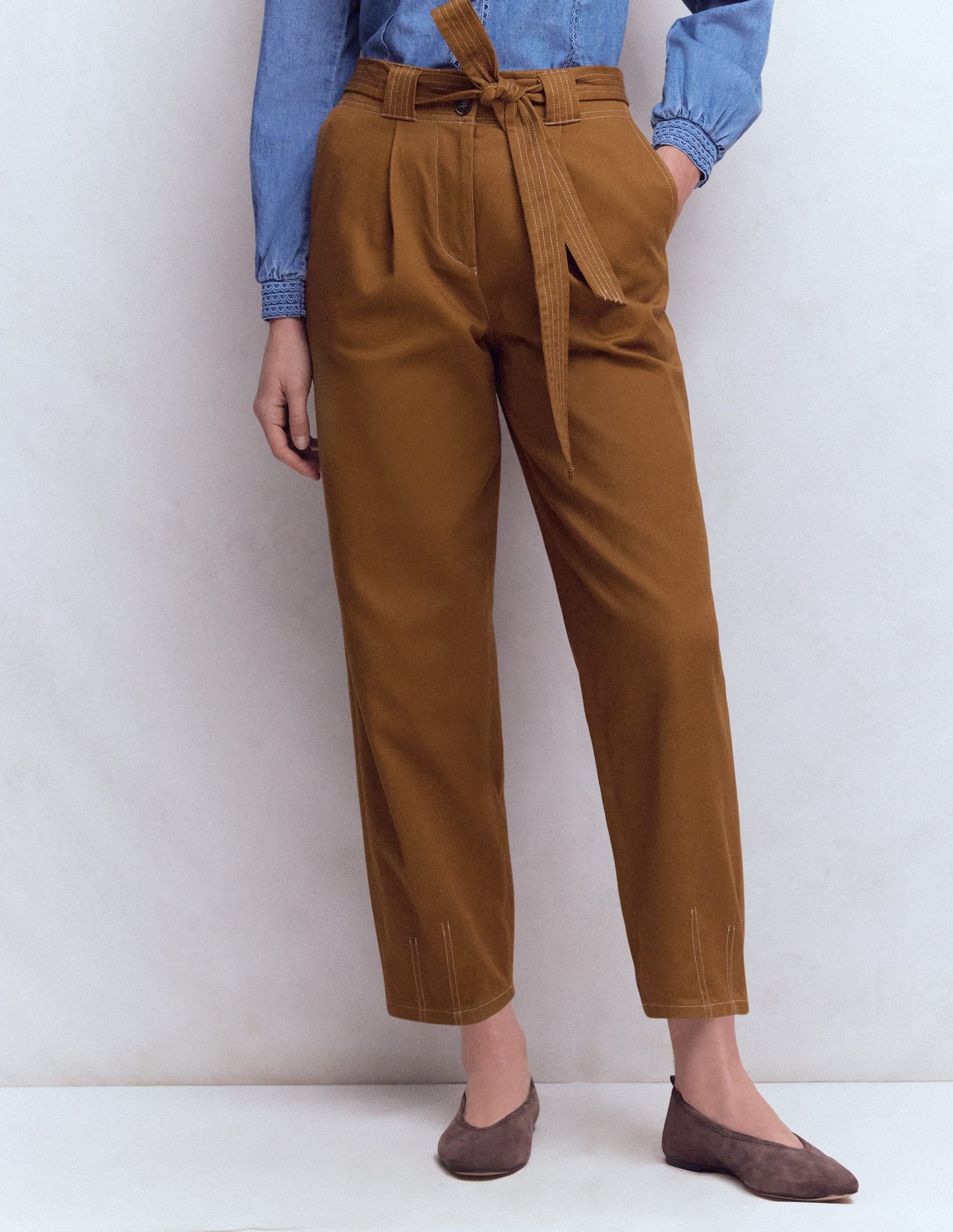 Belted Barrel Leg Pants-GINGERBREAD