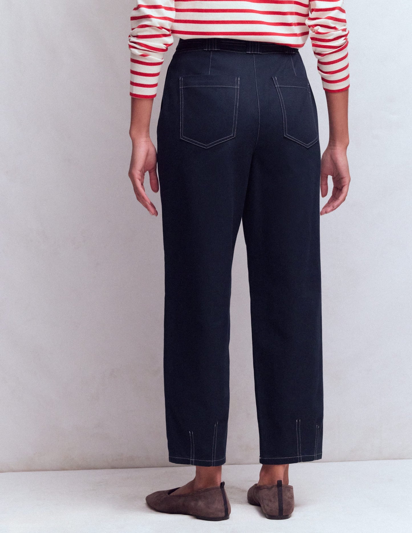 Belted Barrel Leg Pants-Navy