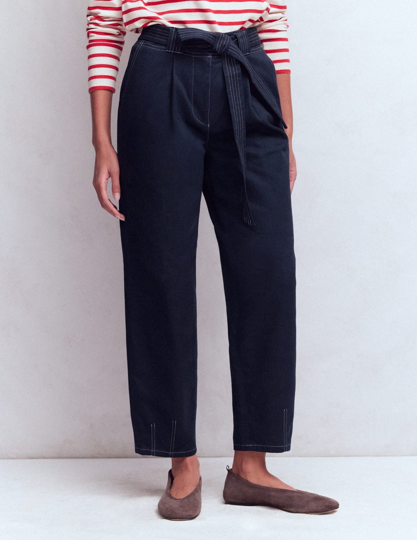 Belted Barrel Leg Pants-Navy