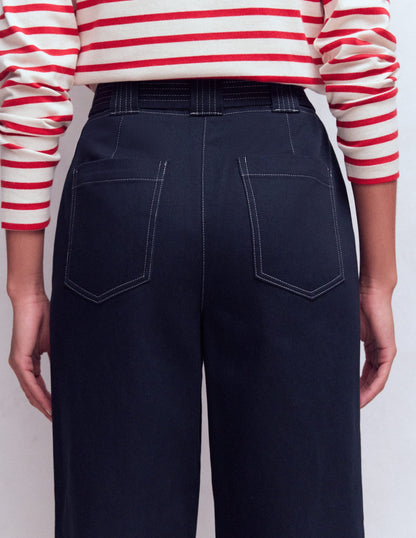 Belted Barrel Leg Pants-Navy