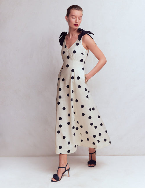 Bow Detail Linen Empire Dress-Ivory Painted Dot Spaced