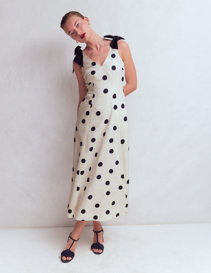 Bow Detail Linen Empire Dress-Ivory Painted Dot Spaced