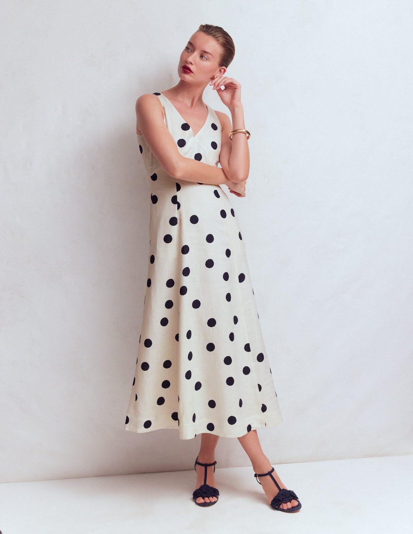 Bow Detail Linen Empire Dress-Ivory Painted Dot Spaced