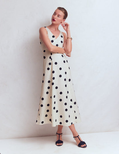 Bow Detail Linen Empire Dress-Ivory Painted Dot Spaced