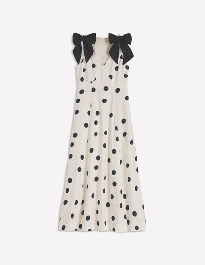 Bow Detail Linen Empire Dress-Ivory Painted Dot Spaced