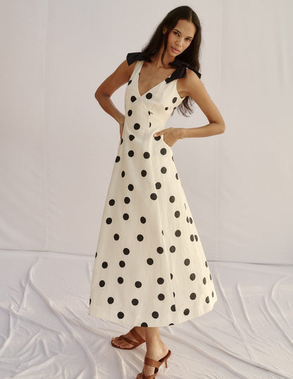 Bow Detail Linen Empire Dress-Ivory Painted Dot Spaced