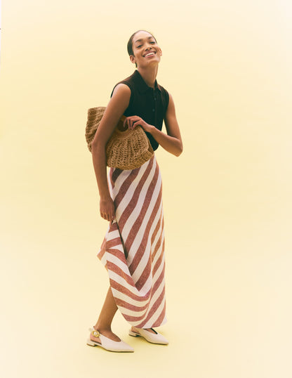 Bias Cut Linen Slip Skirt-Brown Diagonal Stripe