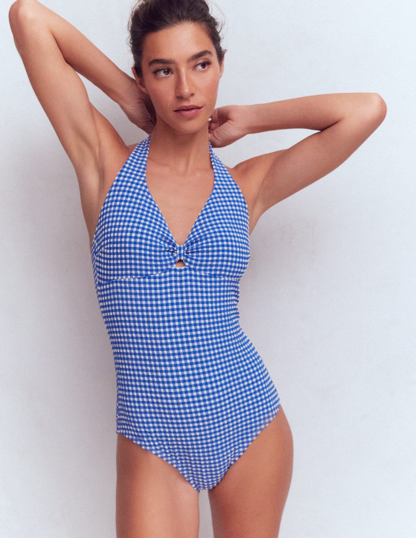 Bow Halter Swimsuit-Bright Blue, Gingham